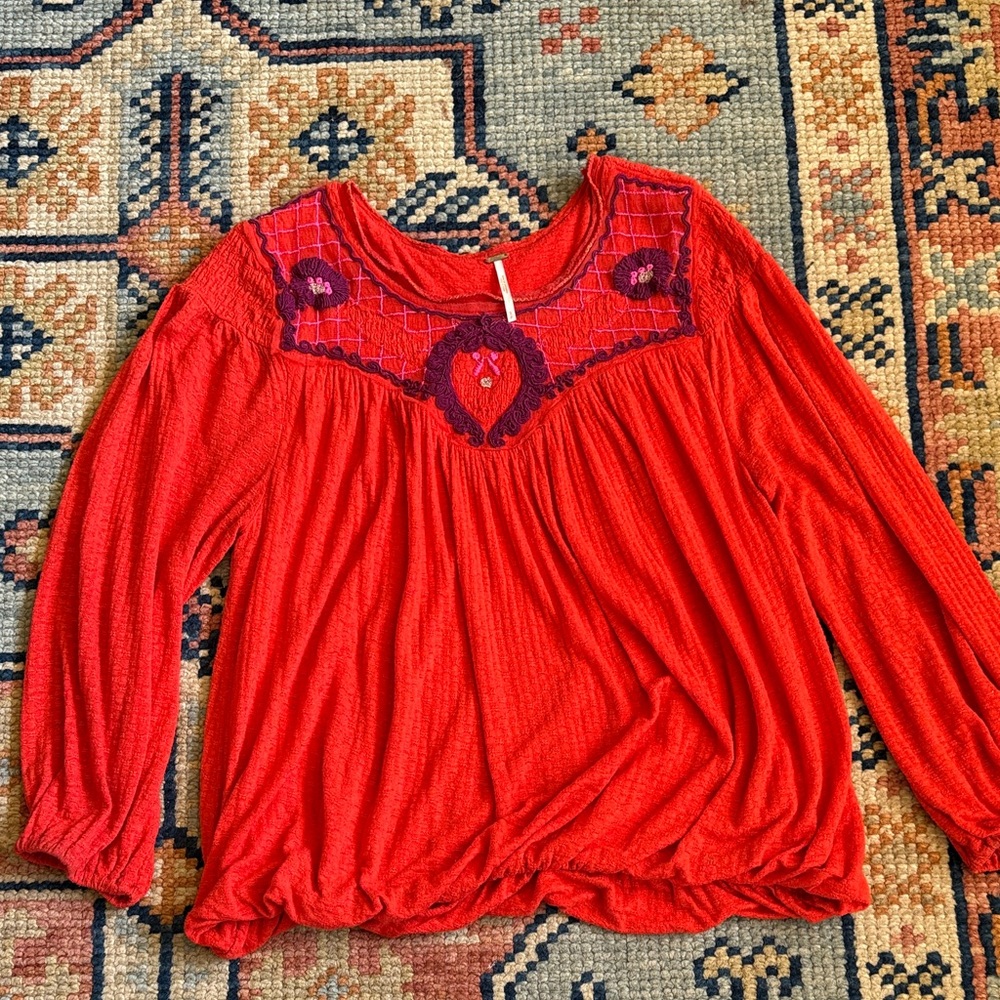 Free People Red Peasant Blouse with Purple Embroidery